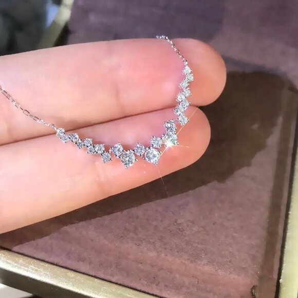 NEW Cluster Necklace 16” 14K White Gold Plated CZ Wedding Minimalist Dainty - Picture 13 of 16